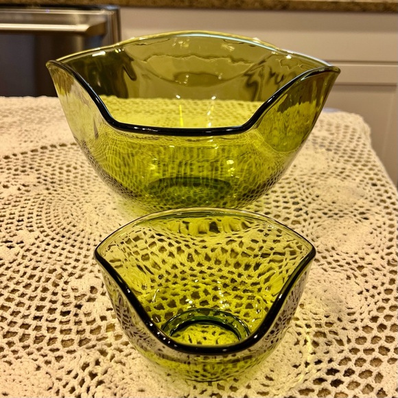 Indiana Glass Modern Tri Top Chip Dip Bowls Avocado Green Glass 1960s - Picture 2 of 8